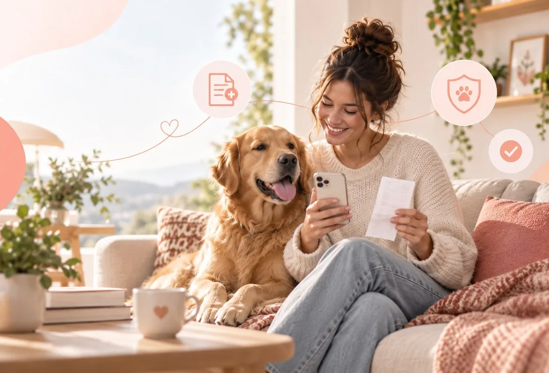 Owner sitting on a sofa with a dog and a cup nearby