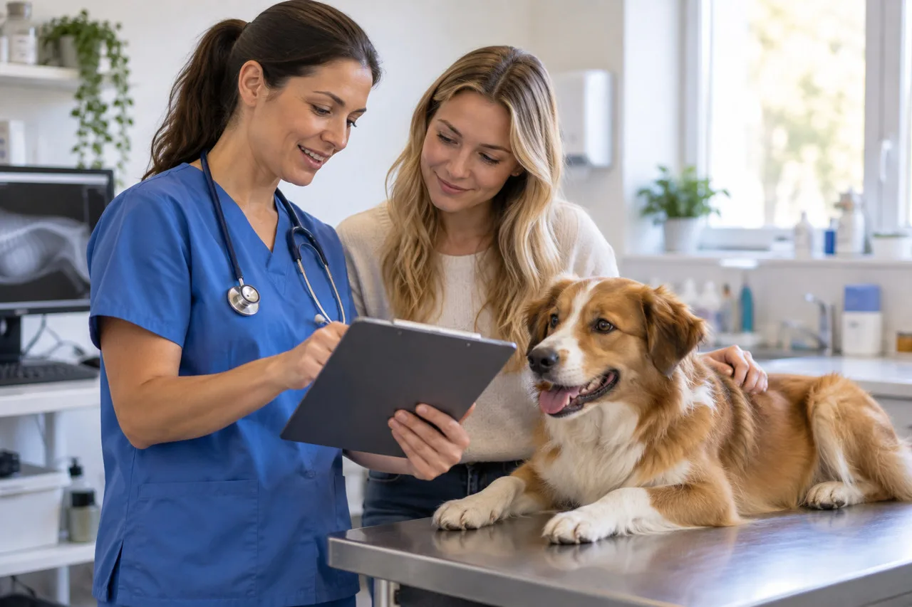 Veterinary professional discussing a tablet with an owner and dog